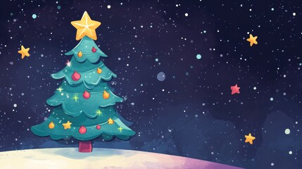 Cartoon Christmas tree with stars, clear area for text.