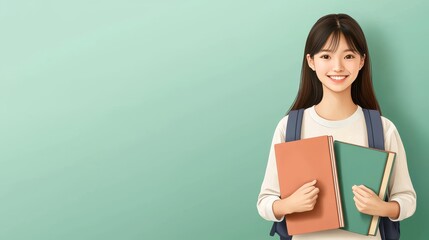 Obraz premium Cheerful student holding books, standing against a light green background, symbolizing education and learning.