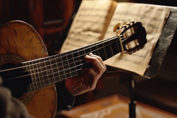 Fototapeta premium Close-up of a musician's hand playing an acoustic guitar.