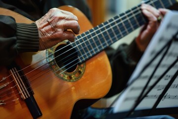 Close-up of a man's hand playing a guitar.