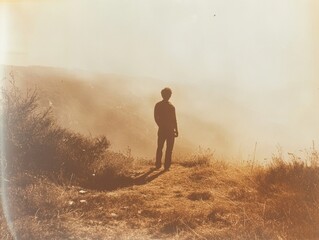 Obraz premium Man Standing on Hilltop Overlooking Foggy Valley during Sunrise