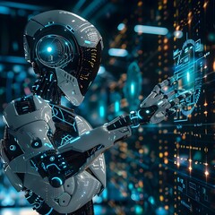 A futuristic robot with a glowing eye pointing forward, surrounded by digital displays and city lights.
