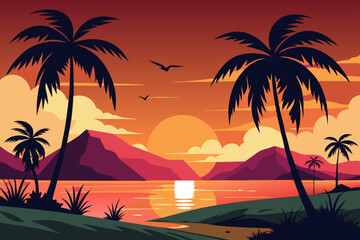 A beautiful silhouette of palm beach landscape vector