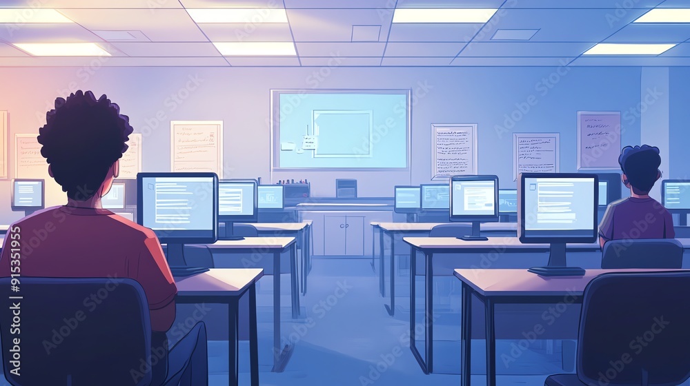 Aufkleber Students in a computer lab working on their assignments.