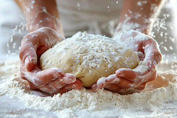 Closeup of hands kneading dough
