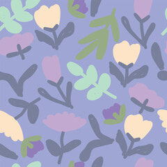 seamless floral pattern with flowers and leaves. Naive flowers and leaves on violet background.
