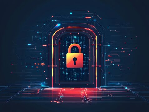 Cybersecurity concept with padlock on digital circuit board.