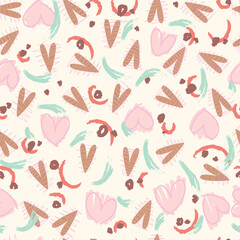 Seamless pattern with hearts, spots, lines on light background. Vector illustration.	
