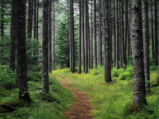 Fototapeta premium Serene Pathway in Dense Forest with Tall Trees and Lush Greenery