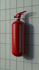 Fototapeta premium A detailed view of a red fire extinguisher mounted on a kitchen wall, emphasizing safety in a contemporary home environment