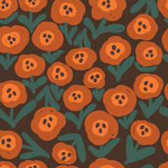 Seamless floral pattern on brown background. Naive flowers and leaves kids pattern. Vector illustration.