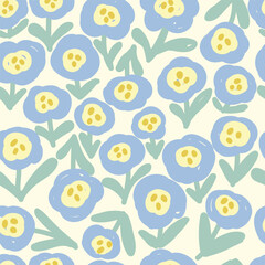 Seamless floral pattern on light background. Naive blue flowers and leaves kids pattern. Vector illustration.	
