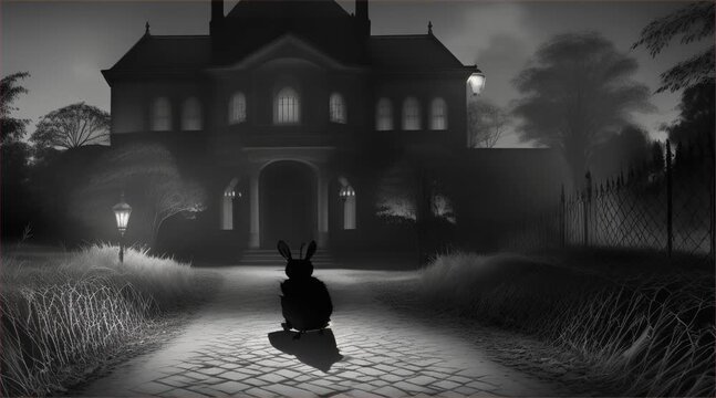 The camera follows a mummy rabbit as it hops along a path lined with flickering lanterns, leading to an abandoned, cobweb-covered mansion. Bats flutter in the night sky, adding to the haunted atmosphe