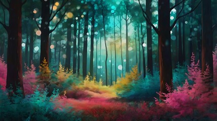 Obraz premium Vibrant, stylized digital painting of a forest. The layout features tall, slender trees with dark trunks and branches, colorful fantasy jungle