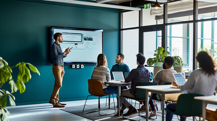 modern, clean look, meeting room. There is a man presenting ideas on a big TV and four people watching/taking notes