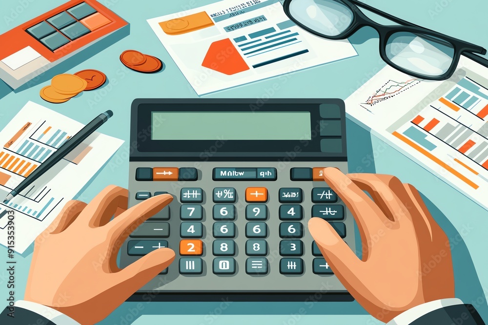 Poster businessman hand calculating with a calculator on a desk with financial charts.