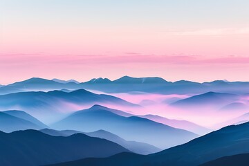 Fototapeta premium A tranquil mountain range at dawn, peaks bathed in soft pastel colors of pink, lavender, and blue, with mist rising from the valleys. A peaceful, dreamlike quality.