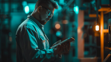 Fototapeta premium man working on tablet, in manufacturing dark factory, machines