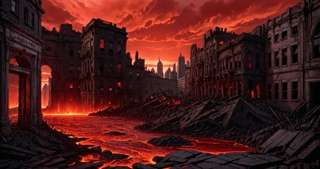 volcanic lava magma river flowing through destroyed city street and abandoned town buildings and towers. hellmouth entrance to hell in apocalyptic landscape hellscape.