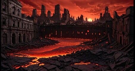 volcanic lava magma river flowing through destroyed city street and abandoned town buildings and towers. hellmouth entrance to hell in apocalyptic landscape hellscape.