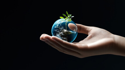 A conceptual image of a human hand gently holding a globe with sprouting green leaves, symbolizing the role of individuals in nurturing and protecting the planet.