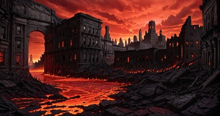 volcanic lava magma river flowing through destroyed city street and abandoned town buildings and towers. hellmouth entrance to hell in apocalyptic landscape hellscape.