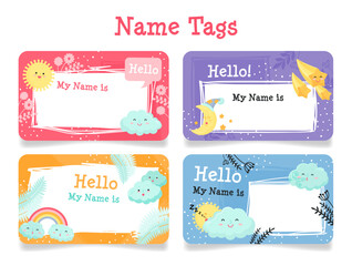Colorful name tags with cheerful designs for a fun event celebrating community and creativity