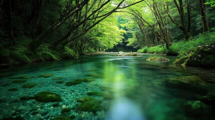 Obraz premium Crystal clear river flowing through a dense forest, symbolizing purity and tranquility.