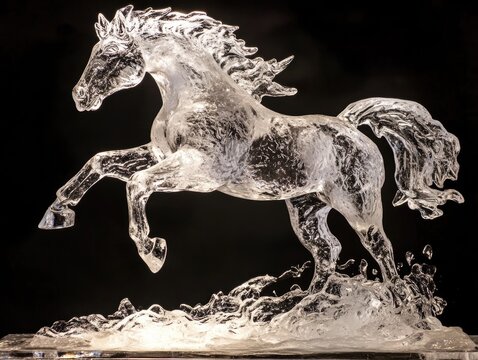 Crystal Clear Ice Sculpture of Galloping Horse on Black Background
