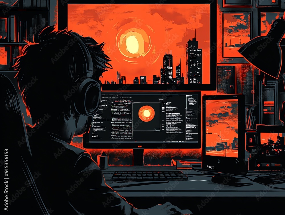 Aufkleber Silhouette of a Programmer Working Late at Night.