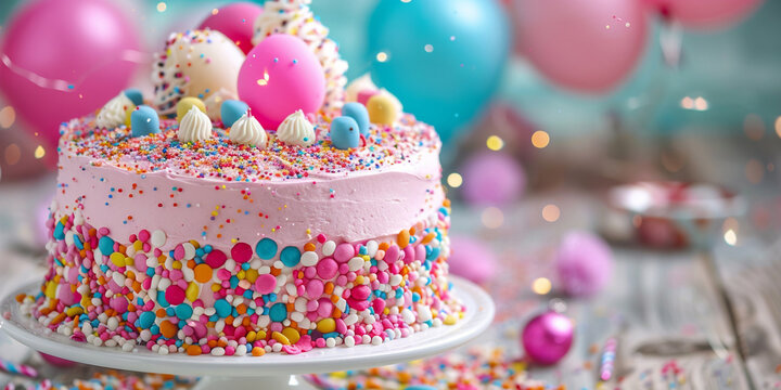 Elegant Birthday Cake with Raspberries and Colorful Balloons bloons with blurred background

