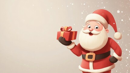 Cute cartoon Santa holding a gift, blank area for text on the left.