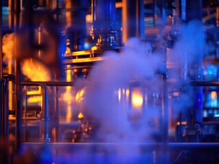 Industrial Factory Interior with Steam and Machinery at Night - Blue and Orange Lighting