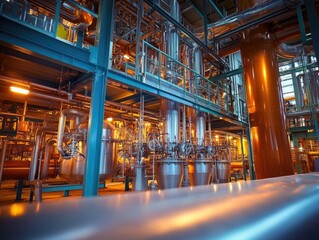Fototapeta premium Industrial Factory Interior with Complex Machinery and Stainless Steel Equipment