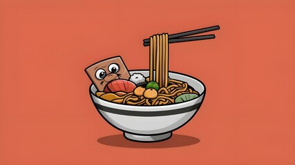 Charming cartoon depiction of a ramen noodle bowl, ideal for illustrating food, Japanese cuisine, or playful menu designs.