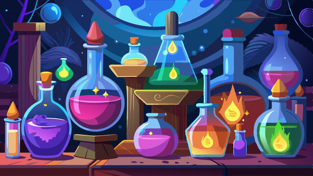 Colorful Potion Bottles on Witch&rsquo;s Workbench