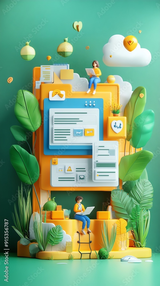 Aufkleber 3d illustration of a colorful website with people working.
