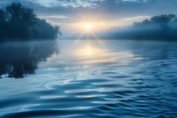A tranquil river at dawn, soft light rays piercing morning mist, reflecting on calm waters with gentle ripples, creating a peaceful and dreamlike scene