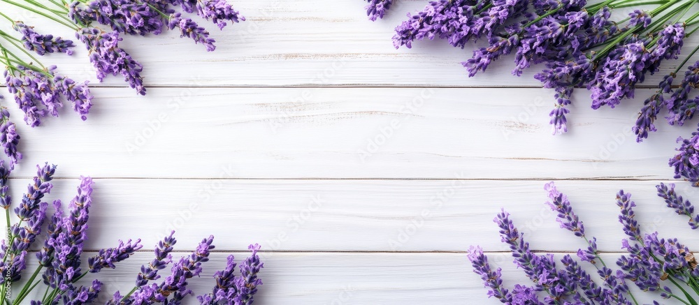 Poster frame of lavender on a white wooden surface selective focus copy space