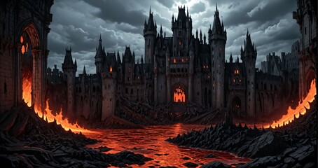 gothic hellmouth castle fortress with flowing river molten lava and magma under a grey sky. hellscape brimstone landscape background post apocalyptic ruins.