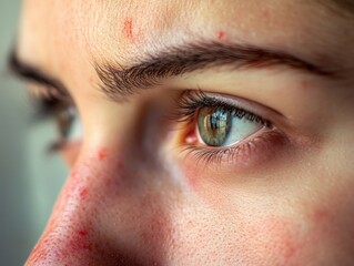 Obraz premium Close-up of Youthful Face with Freckles and Acne, Focused on Expressive Eyes and Pores