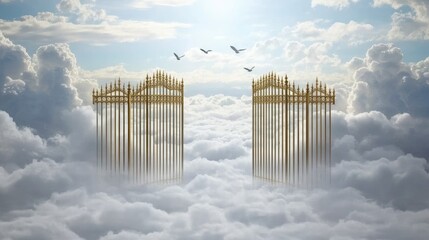 Gilded gates stand open in the sky as doves fly gracefully through fluffy white clouds, creating a tranquil heavenly atmosphere