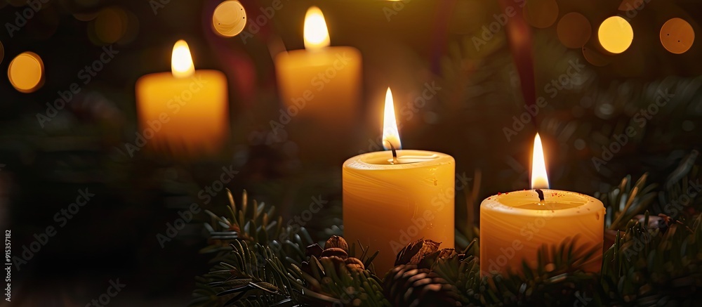 Fototapete For the first Advent a lit candle on an Advent wreath set against a wooden background in landscape orientation. with copy space image. Place for adding text or design