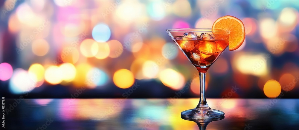 Aufkleber Alcoholic beverage and cocktail on a bar with a vibrant bokeh background. with copy space image. Place for adding text or design