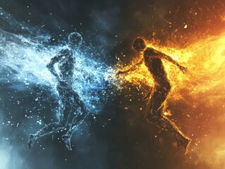 Dynamic Digital Art of Fiery and Icy Figures in a Heated Confrontation