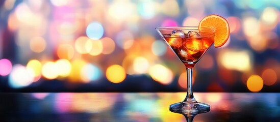 Alcoholic beverage and cocktail on a bar with a vibrant bokeh background. with copy space image. Place for adding text or design