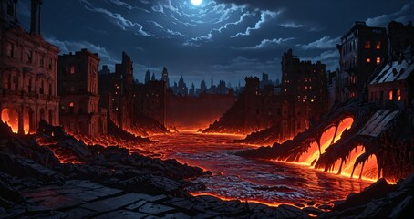 river of molten glowing lava and magma in city ruins in apocalyptic hellscape during night under cloudy sky and full moon. broken buildings and gothic castle.