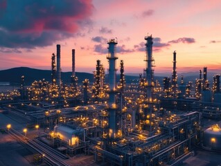 Oil Refinery Plant at Sunset with Illuminated Towers and Industrial Landscape