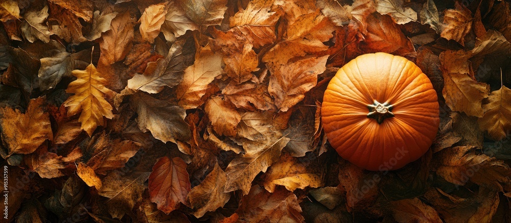 Poster pumpkin harvest with autumn leaves flat lay scene. with copy space image. place for adding text or d