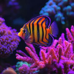 Vibrant coral reef fish swimming among colorful sea anemones in an underwater scene.

